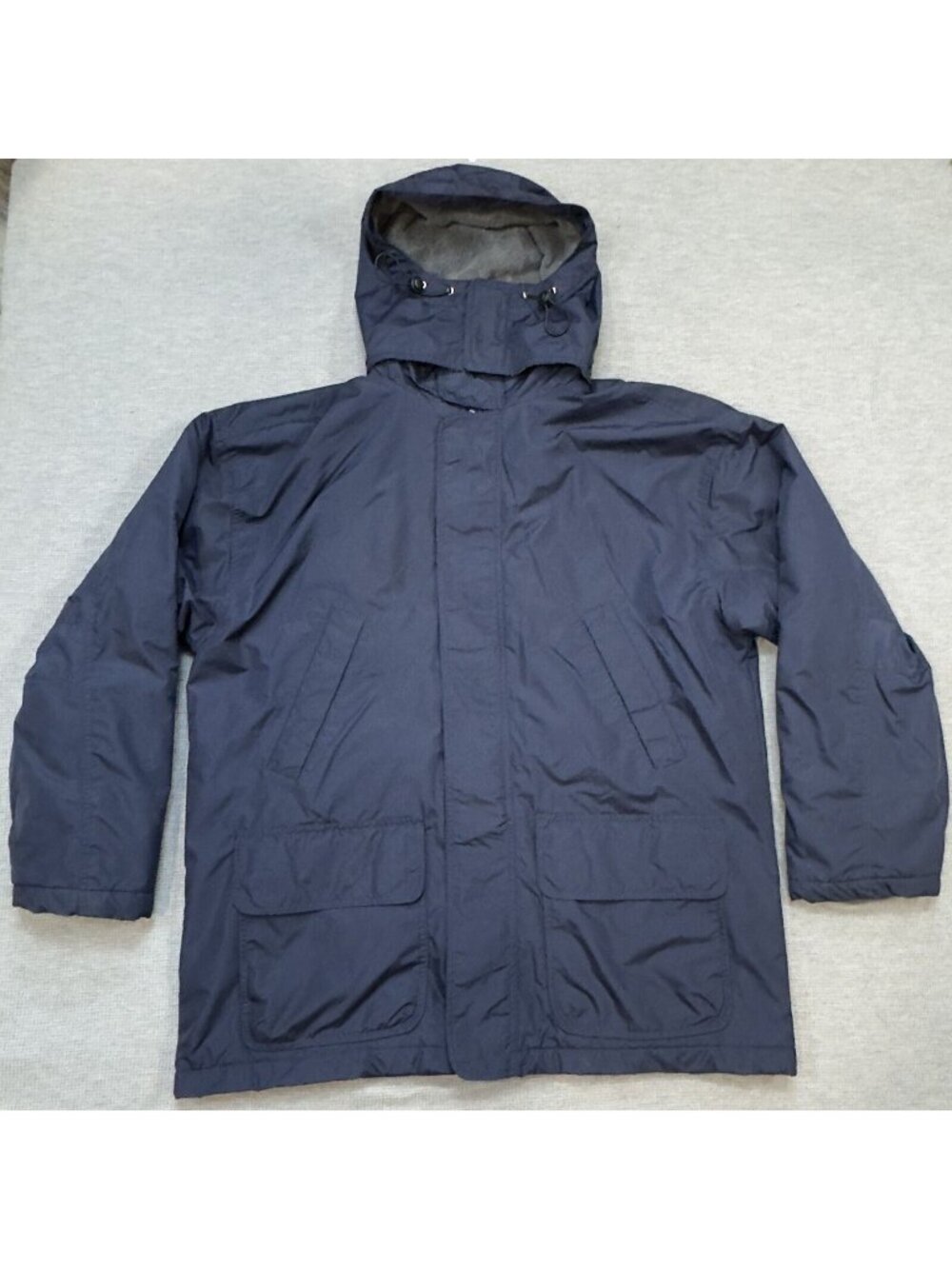 Three Season Fleece Lined Jacket Mens Large Dark Blue Removable Hood Two-Way Zip